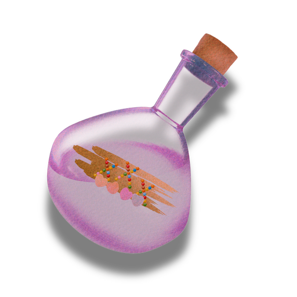 A pink potion swirling with sweetness and sprinkles.